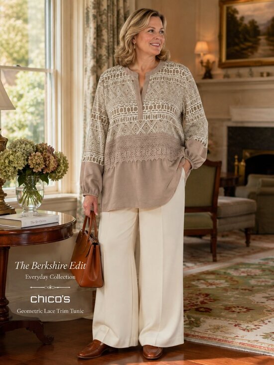 Chico's Tops - Chico's Size 4 XXL Geometric Lace Trim Tunic Blouse Taupe Ivory Boho 20/22